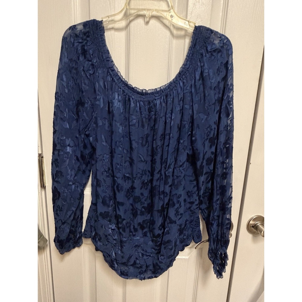 White House Black Market XL Rich Blue Floral Burnout Blouse Sheer Sleeve Boho